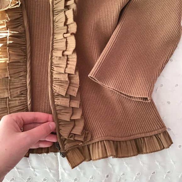 Brown silk ruffle trim double zipper top - Picture 3 of 7